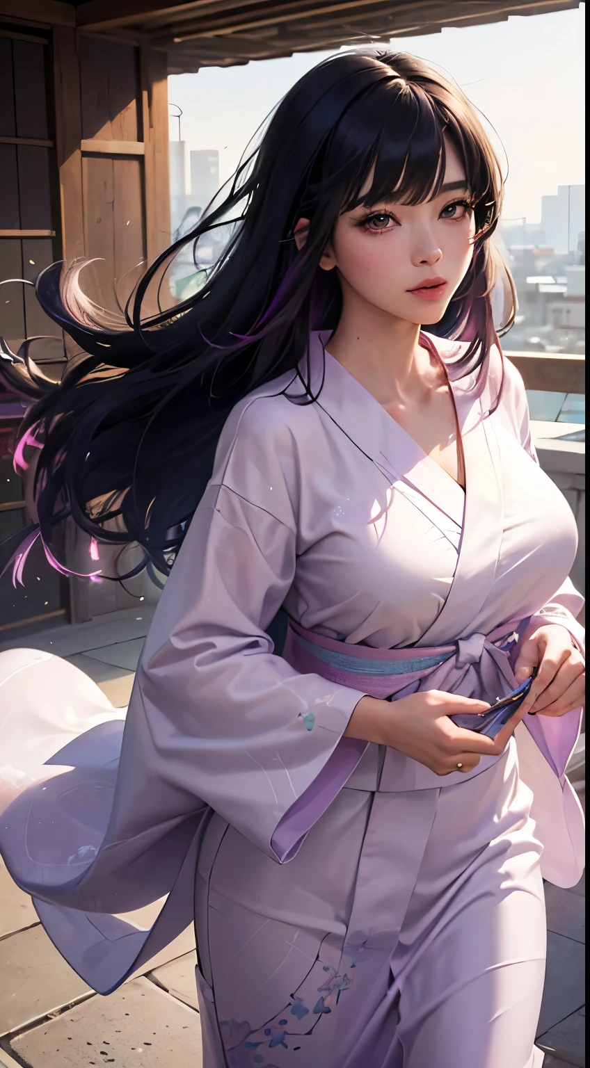 (logo、masterpiece、8K、Tabletop、RAW Photos、wonderful、最high quality、フォトリアリスティックでVery detailedな CG 複合 8K 壁紙、high quality、Very detailed、Narrative poem、Particle Effects、Dynamic Effects、Depth of the Boundary、Cinematic Light、Lens flare、Ray Tracing)、 (One beautiful woman wearing a yukata、White yukata、Light purple pattern)、Black-haired、High definition skin、Very fine、Fine skin texture、Beautiful Face、True Face、Beautiful details in the eyes、Realistic eyes、Beautifully detailed eyes、Realistic Skin、Beautiful Skin、Surreal、Smiling Eyes、Hair and light eyes、vivid、Colorful lights and bokeh、plump lower lip、Pink Lips、Hair flutters in Wind、Hair bounces、wonderful景色、night、evening、Wind、moonlight、moonlight、light