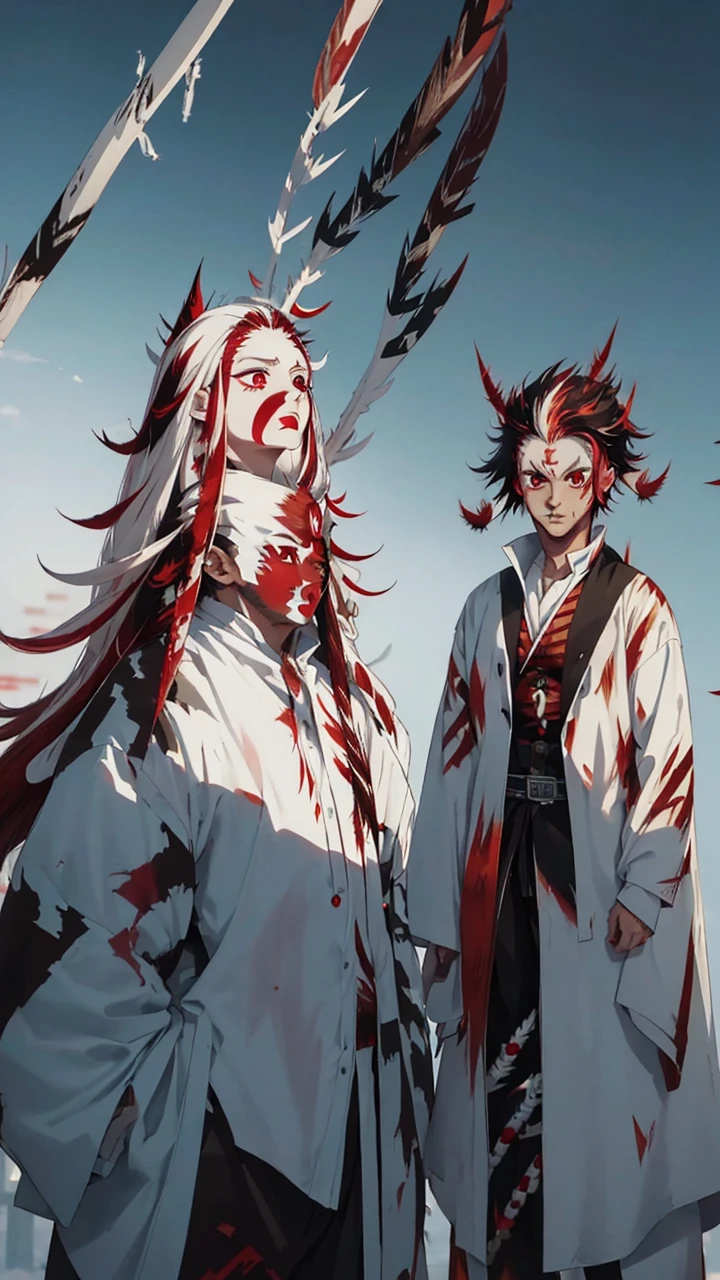 (Best quality:1.3), (a woman:1.1), (yellow eyes:1.2), (white long hair:1.4) (manga style:1.5) (A men:2.1), (Red eyes:2.2), (red streak: 2.3), En el estilo de Kimetsu no Yaiba, The girl with long white hair with red streaks and yellow eyes, beautiful and delicate features and her brother has long white hair with a single red streak, the brother is muscular and strong, both in a fighting stance with katanas, wearing the clothes of combat in Kimetsu no Yaiba, the brother is taller than the sister, a girl and a boy, brother and sister, male and female