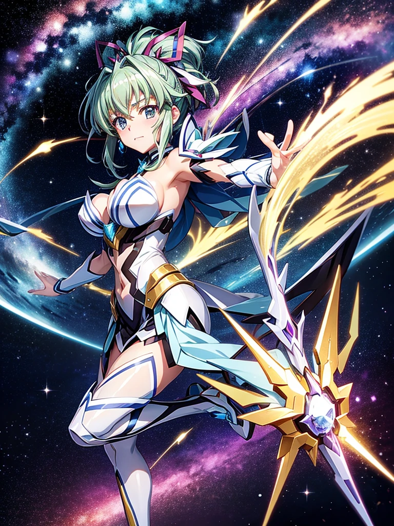 Highest quality,Highest Resolution,A beautiful metallic girl like Tsubasa Kazanari from Symphogear,Earth Behind,universe,Milky Way,