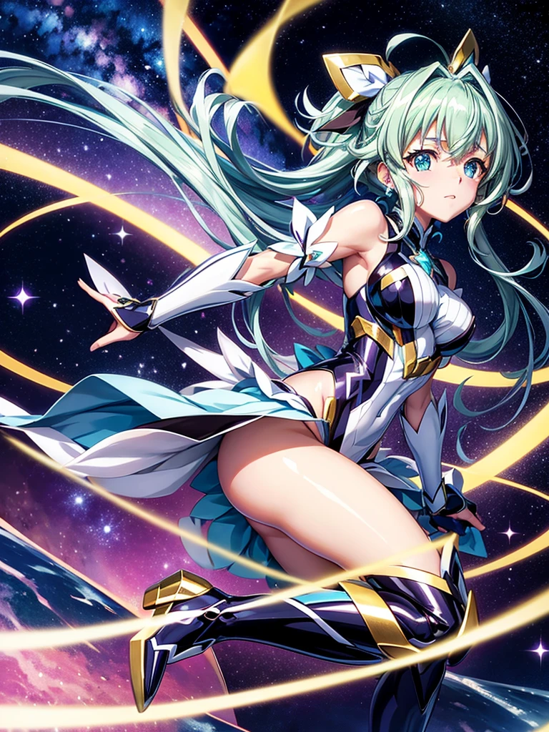Highest quality,Highest Resolution,A beautiful metallic girl like Tsubasa Kazanari from Symphogear,Earth Behind,universe,Milky Way,