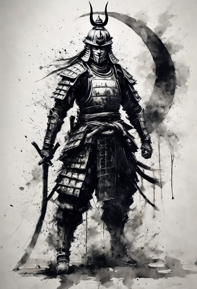 Black and white painting,Ink Painting,Draw a crescent moon with brush splashes,Warrior,Muscular,Oda Nobunaga's helmet,hannya face mask,samurai armor,(spread legs:1.2),(Hold the sword with both hands:1.2),