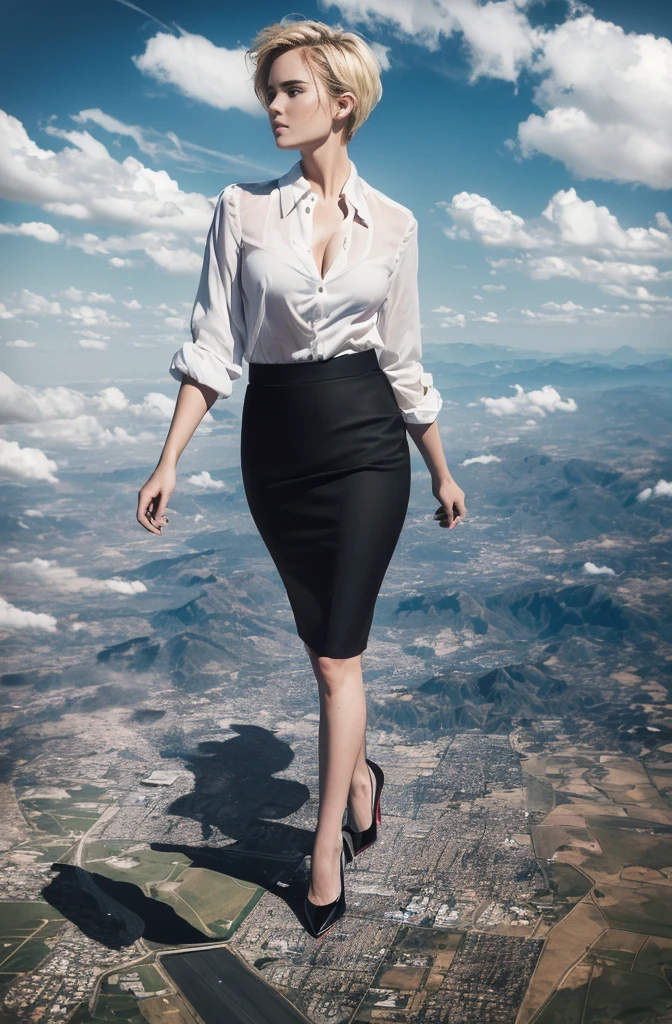 Zoey Deutch, (masterpiece, best quality, best shadows, best shading, perfect hands, perfect face, cinematic lighting, colorful, ultra-detailed, beautiful photography, character focus, extremely-detailed, photorealistic, hyper photorealism, atmospheric), (rural destruction:1.2), (giantess, stereotypical office worker), (dirty, filthy, unwashed, sweaty, unkempt, angry, tired, exhausted, annoyed), (walking, mid stride, stepping down on, stomping, crush, rampage), (black patent Louboutin pointed toe pumps, high heels, stiletto heels), ((revealing crisp white blouse, short black pencil skirt)), (short blonde pixie hair), (high altitude photography, satellite view), (exposed cleavage, heaving bosom, legs), (urban sprawl, farmland and small towns, destruction, buildings, roads), (cloudy, overcast, clouds and atmosphere partly obscuring the subject, hazy atmosphere, haze in foreground, wispy clouds)