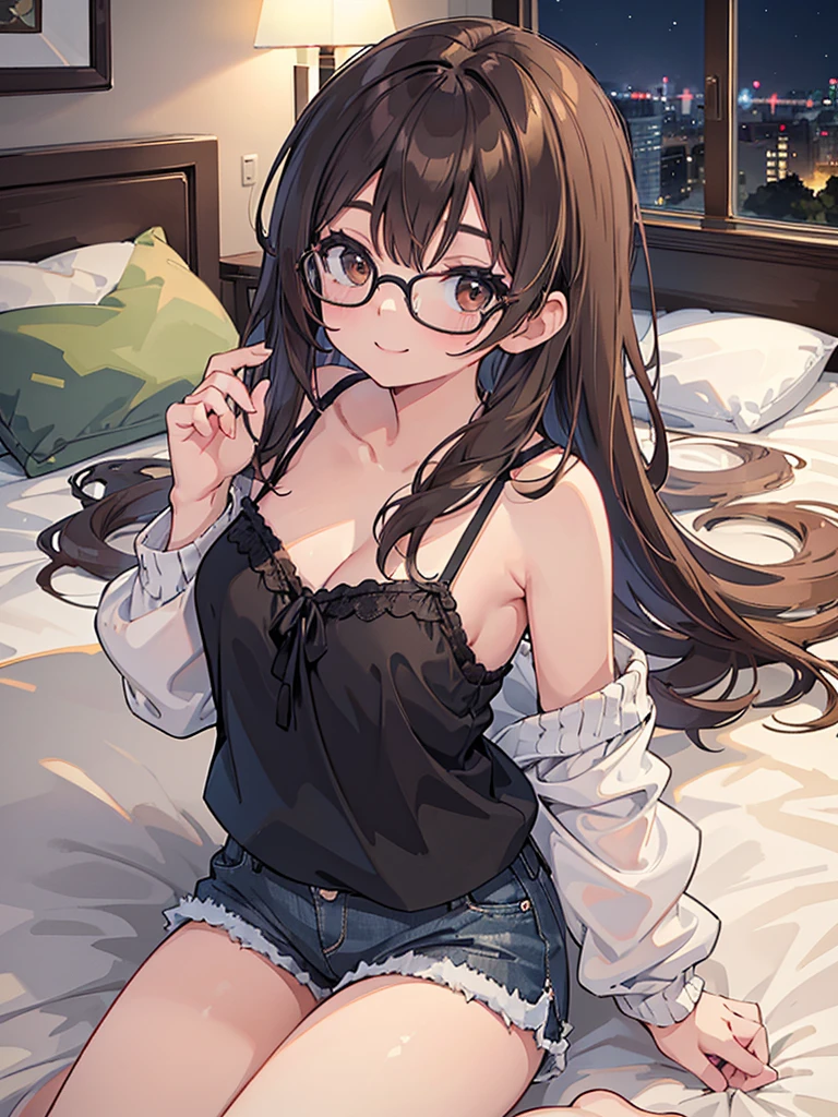 1 Female、Brown hair、Brown Eyes、Best Quality、Super detailed、8 Resolution、Raw photo、Mastepiece、Perfect Body、high resolution、highest quality、Detailed drawing、Vibrant colors、lure、smile、Long Hair、Black-rimmed glasses、Captivating breasts、Lie down on the bed、camisole、Shorts