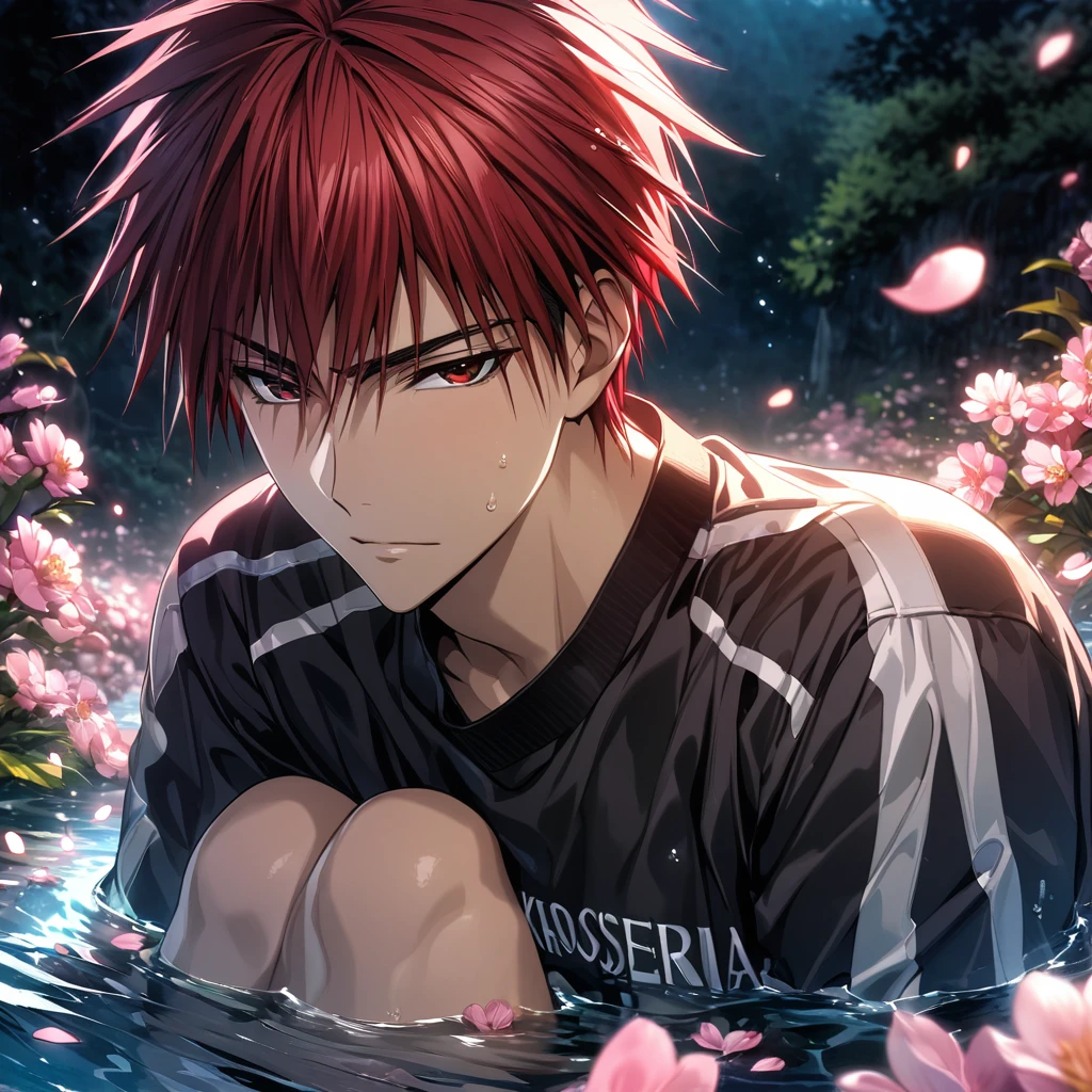 Ultra detailed, highres, absurdres, HDR, master piece, Kagami Taiga, red hair, black bangs, expressive red eyes, Kuroko No Basket, fantasy, pink petals, water, pink flowers, handsome, sexy man, solo, best quality, blossoms, blue shining fireflies, black basketball clothes, the word "Krozseria" is written on his shirt