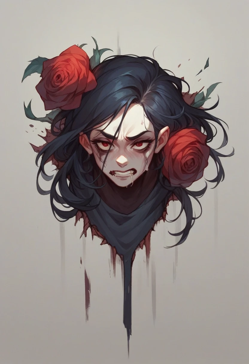 A woman with a face that is half skull and half normal, dressed in black and red and with a red rose stuck in her hair, around 35 years old, with long dark hair