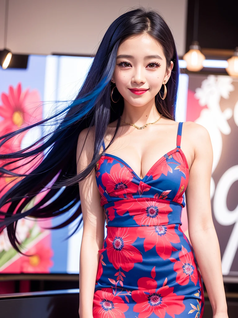 close-up portrait of Jisoo, (smiling:1.1), red lips,(blue floral dress:1.3), k-pop Idol, ulzzang, contrapposto, best quality, ultra high res, (photorealistic:1.3), 1girl, small breasts, in a jazz club,  beauty512, 