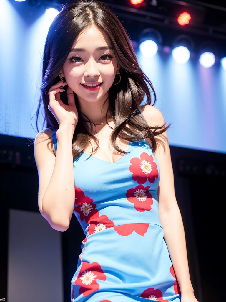 close-up portrait of Jisoo, (smiling:1.1), red lips,(blue floral dress:1.3), k-pop Idol, ulzzang, contrapposto, best quality, ultra high res, (photorealistic:1.3), 1girl, small breasts, in a jazz club, beauty512,