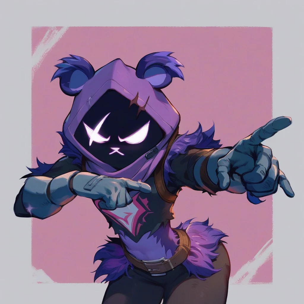 Raven team leader,purple hoodie, with no face, shadowed face, animal ears,purple skin, scar on eye, body skin, purple fur, waist belt, torso symbol, metal gloves, pointing your ass at the viewer, leaning forward, pushing, she closes her eyes, hands resting on top of a small wall, her with her eyes closed, hands are not in the air, expression of force, stomachache, stomach growling. day Of course