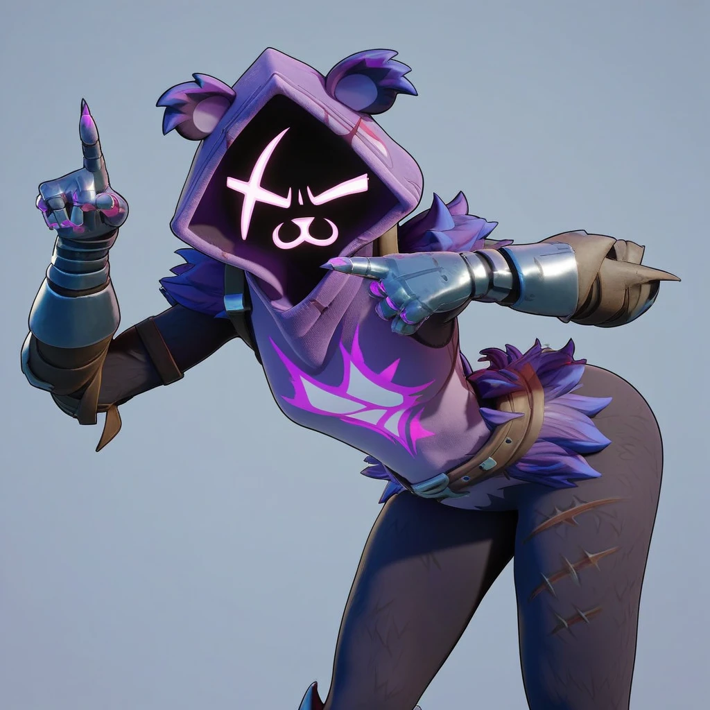 Raven team leader,purple hoodie, with no face, shadowed face, animal ears,purple skin, scar on eye, body skin, purple fur, waist belt, torso symbol, metal gloves, pointing your ass at the viewer, leaning forward, pushing, she closes her eyes, hands resting on top of a small wall, her with her eyes closed, hands are not in the air, expression of force, stomachache, stomach growling. day Of course