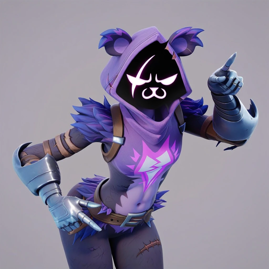 Raven team leader,purple hoodie, with no face, shadowed face, animal ears,purple skin, scar on eye, body skin, purple fur, waist belt, torso symbol, metal gloves, pointing your ass at the viewer, leaning forward, pushing, she closes her eyes, hands resting on top of a small wall, her with her eyes closed, hands are not in the air, expression of force, stomachache, stomach growling. day Of course