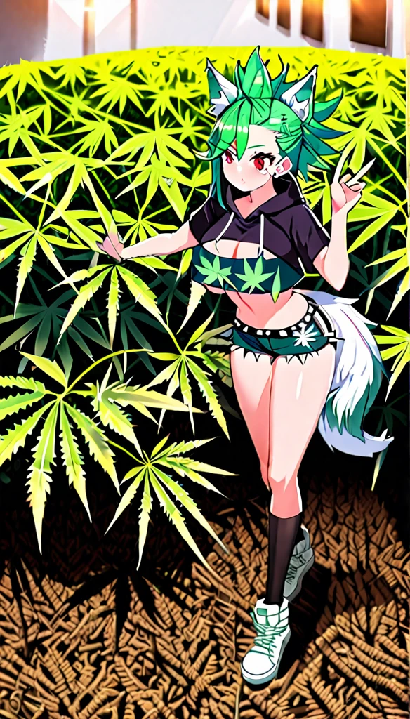  , Croped, , , slim waist, cropped hoodie underboob, cropped hoodieunderboobhoodie, 1girl, 2 wolf ears, wolf tail, marijuanodie, crop shorts, marijuana hoodie,ir, spiky fur, green hair, red eyes,marijuana field, tight clofect eyes, perfect hands, clear resolution, full body, cleavage skin, marijuana plants, ope, marijuana scack thigh high socks, full bodys, 1girl, skirt,  cleavage, slim waist, cleavage, slim waist, hair pulled back,