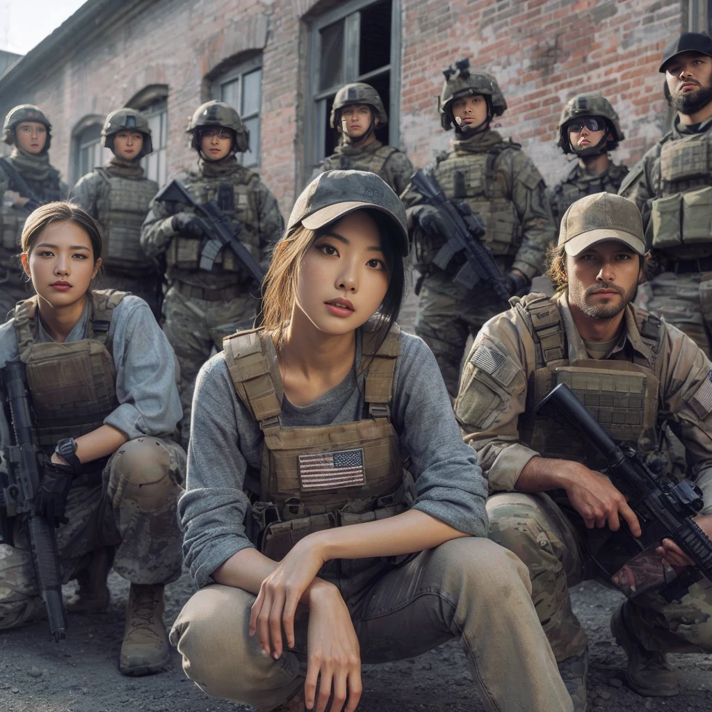 8K,Realistic Photo、Realistic Skin Texture、Superrealism、Japanese women in the U.S. military、Operation、In the square、He is pictured with his fellow Americans in a group photo.、The people in the front row are squatting、Old brick building、mortar、、Dirty alley、Baseball Cap、Natural pose、Bold composition