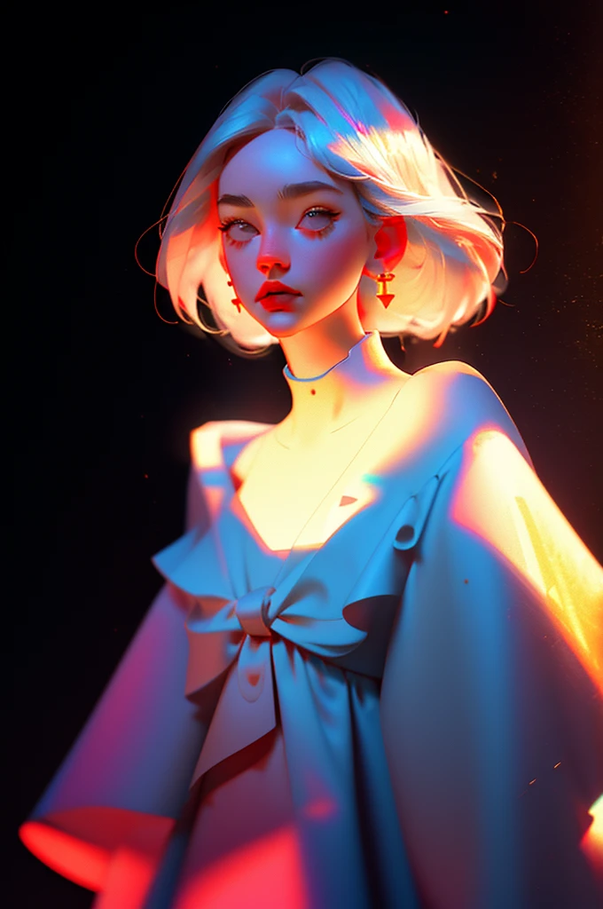hyper-realistic illustration of the highest quality, The perfect masterpiece, perfect work of art, 8k, (Upper body portrait: 1.5), (((Viewed from the front: 1.2))), close-up lens, delicate face , white-haired woman, (hakuhatsu: 1.3), long hair, raising arms, (black background: 1.3), dancer pose, bare chest dress, red dress with gold, pearl illusion, cyberpunk, fashion trend, 3s material,high definition,detailed rendering,c4d,3d,octane rendering,ray tracing,complex details,neon lights,animated lighting,OCRenderer,8k