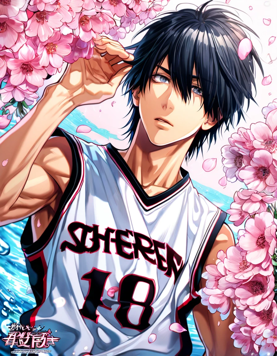 absurdres, highres, ultra detailed, HDR, master piece, best quality, Himuro Tatsuya, black hair, expressive gray eyes, hair over the right eye, Kuroko No Basket, solo, sexy man, handsome, basketball white uniform, fantasy, shining, pink flowers, pink blossoms, water, pink petals