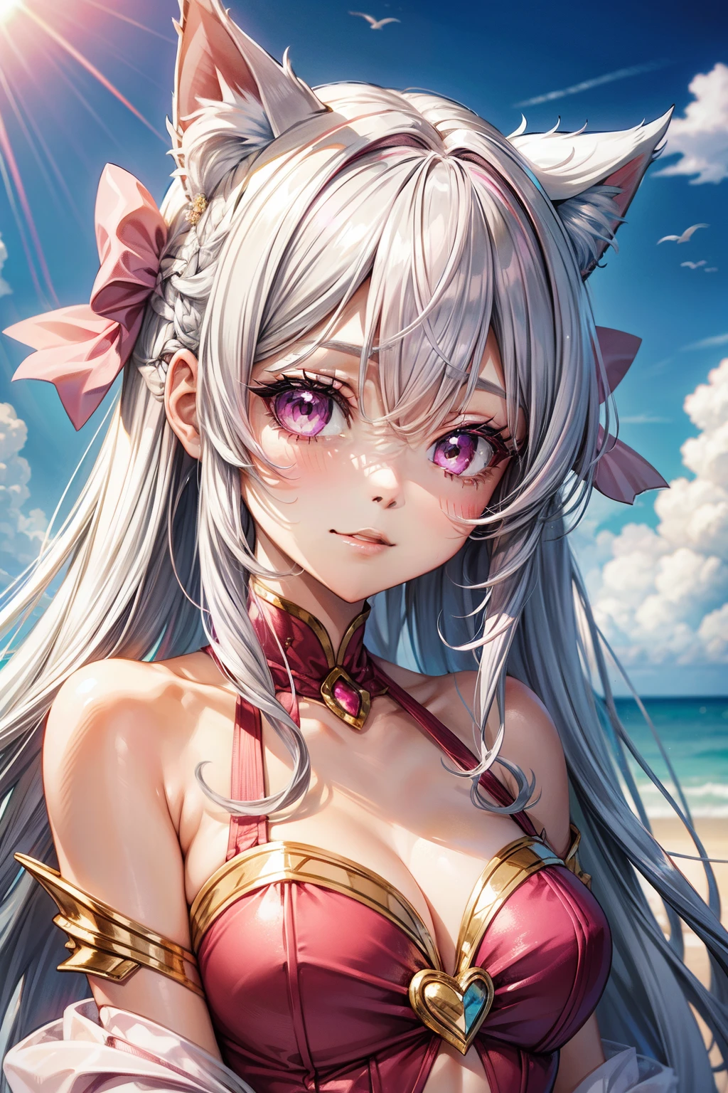Silver hair, pink eyes, woman, sun and cloud background, red pink clothes, hair bows, happy face, swimsuit, sexy, cat ears, floating heart, thigh up, laid back, legs up