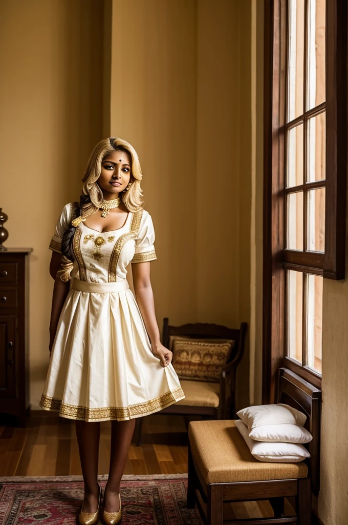 Indian woman with blonde hair and brown skin dressed as a maid