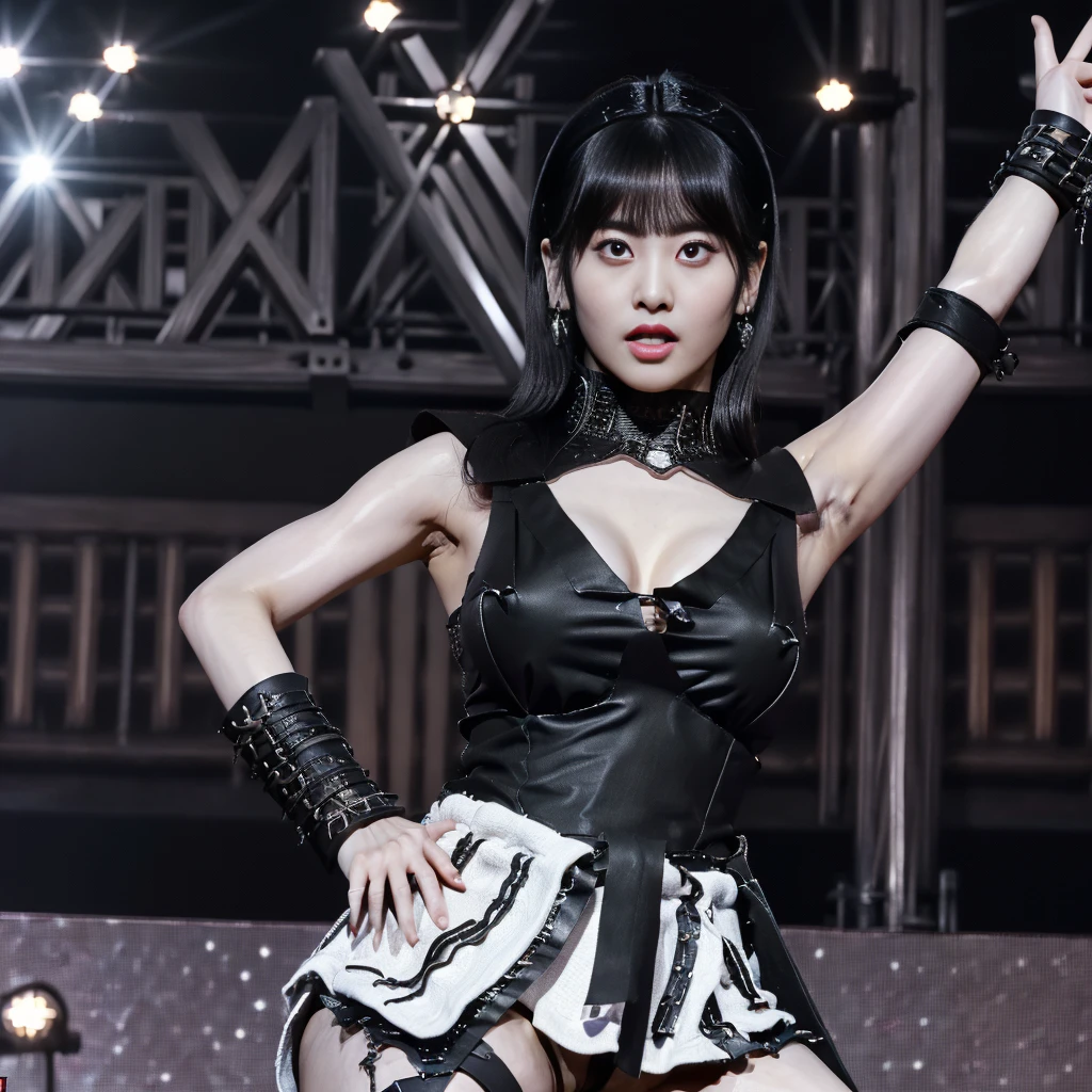 Highest quality,masterpiece,Very detailed, 8K,Beautiful 27 year old Japanese woman:1.5, Small face, blunt bangs, Crucifixion, (Detailed black K-pop idol outfit:1.5), Breast Augmentation Surgery, Very detailedな臭い脇の下、 Live Stage、 tall