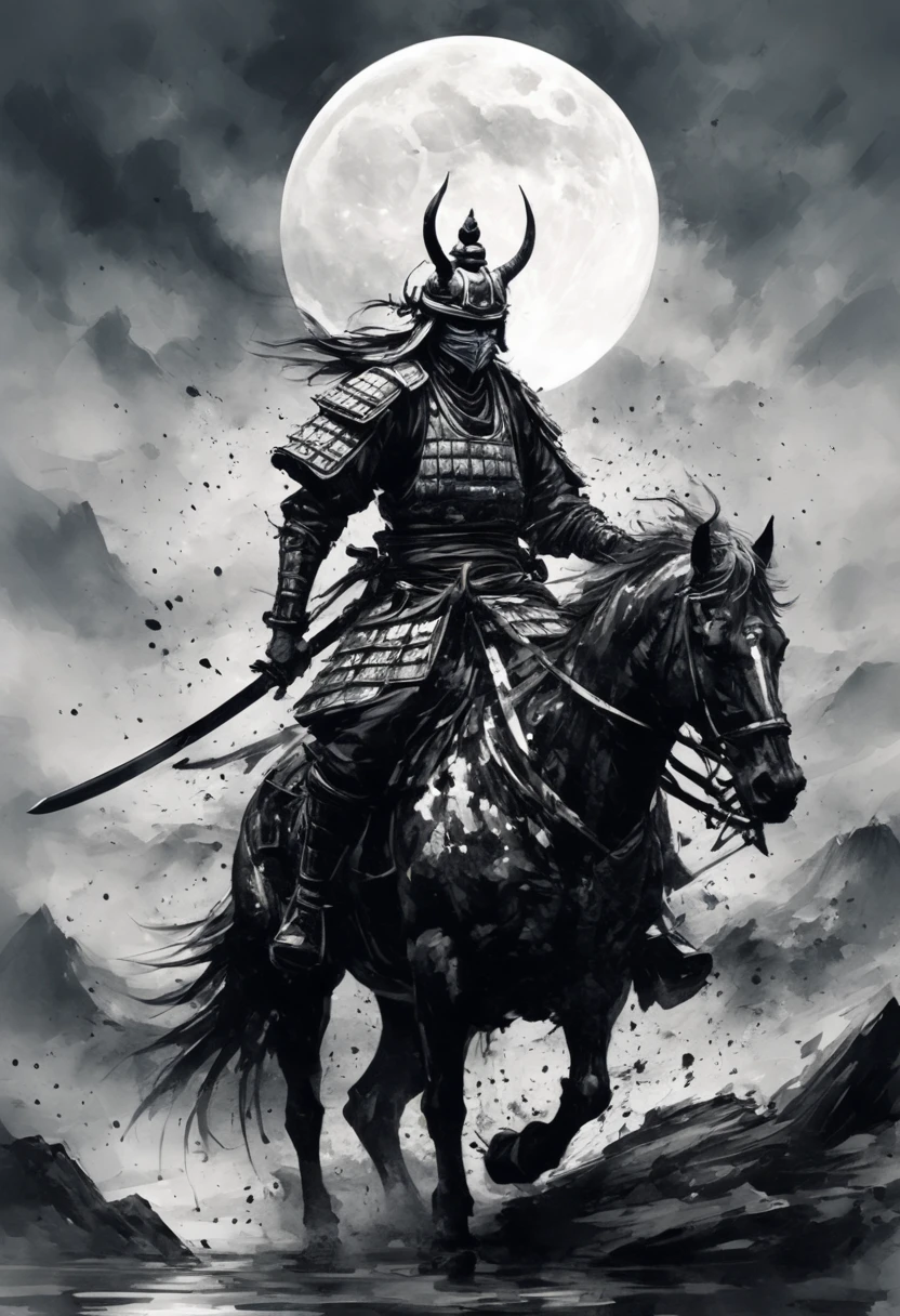 Black and white painting,Ink Painting,Draw a crescent moon with brush splashes,Warrior,Muscular,Oda Nobunaga's helmet,(hannya face mask,samurai armor),(spread legs:1.2),(Hold the sword with both hands:1.2),