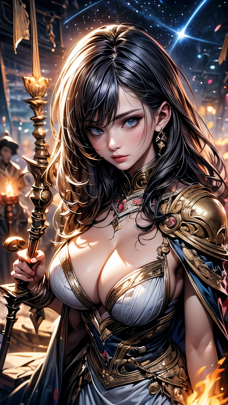 8K resolution, masterpiece, Highest quality, Award-winning works, unrealistic, From above, erotic, Only sexy women, healthy shaped body, 22 years old, Black Mage, Height: 165cm, huge firm bouncing busts,, Silvery long wavy hair, Detailed facial depiction, break, Mysterious blue eyes, Standard nose, eyeliner, Pink Lips, Sexy long legs, Transparent muscle, holy knight, Gothic ruffle long dress, A dress with a complex structure, Seven colourful dresses, Clothed in flames, royal coat of arms, elegant, Very detailed, Delicate depiction of hair, Miniature Painting, Digital Painting, artステーションコンセプトart, Smooth, Sharp focus, shape, artジャム、Greg Rutkowski、Alphonse Mucha、William Adolphe Bouguereau、art:Stephanie Law , Royal Jewel, nature, Symmetric, Greg Rutkowski, Charlie Bowwater, unrealistic, Surreal, Dynamic Lighting, ファンタジーart, Complex colors, Colorful magic circle, flash, dynamic sexy pose, A kind smile, Mysterious Background, aura, A gentle gaze, break, Small faint lights and flying fireflies, night, lanthanum, 山の頂From above下界を見下ろす, Starry Sky, milky way, nebula, shooting star, A sacred staff that emits a brilliant light, Back view, Facing the camera