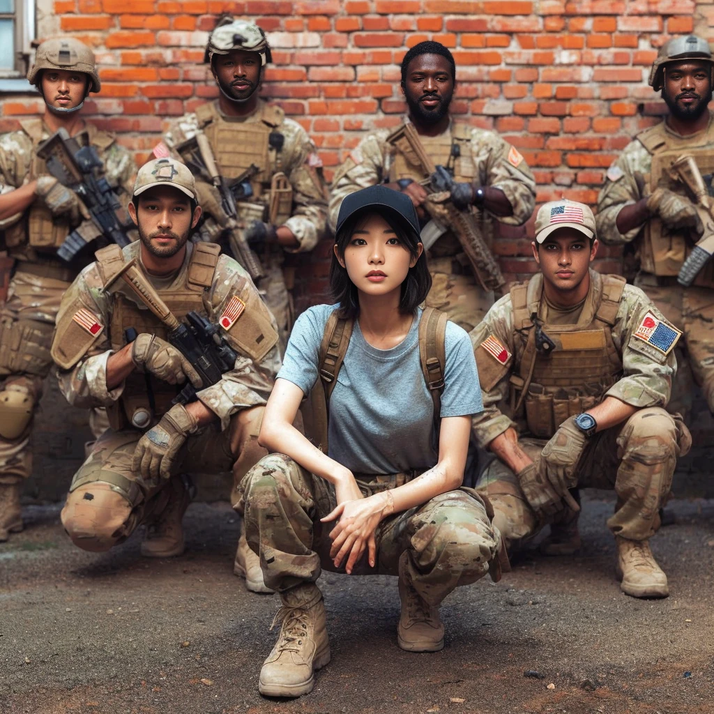 8K,Realistic photos、Realistic skin Texture、superrealism、Japanese Women in the United States.s. army、Operation、In the four corners、He is pictured with his fellow Americans..、The people in the front row are squatting、Old brick building、mortar、、Dirty alley、Baseball cap、Natural pose、Bold composition