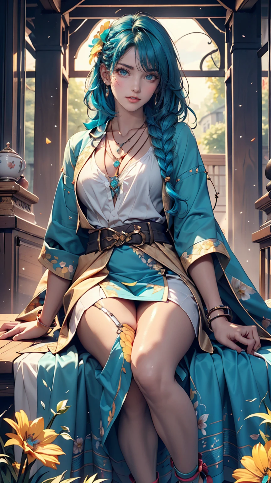 (Highest quality, masterpiece), Turquoise Screen Filter, (One girl, alone, Brown robes, expression, look up, Sitting, Wide sleeves, Iris, Mouth closed, Long Hair, Cowboy Shot), (sunny, Cosmos field, cloud), 24-year-old female、Sexy proportions、Sexy、Narrow waist、Wear jewellery on your wrist、Attach a necklace、Wear platform sandals、French style braid((french braid))、Inner Color((colored inner hair))、Rainbow Hair((rainbow hair))、Hair Flower((hair flower))