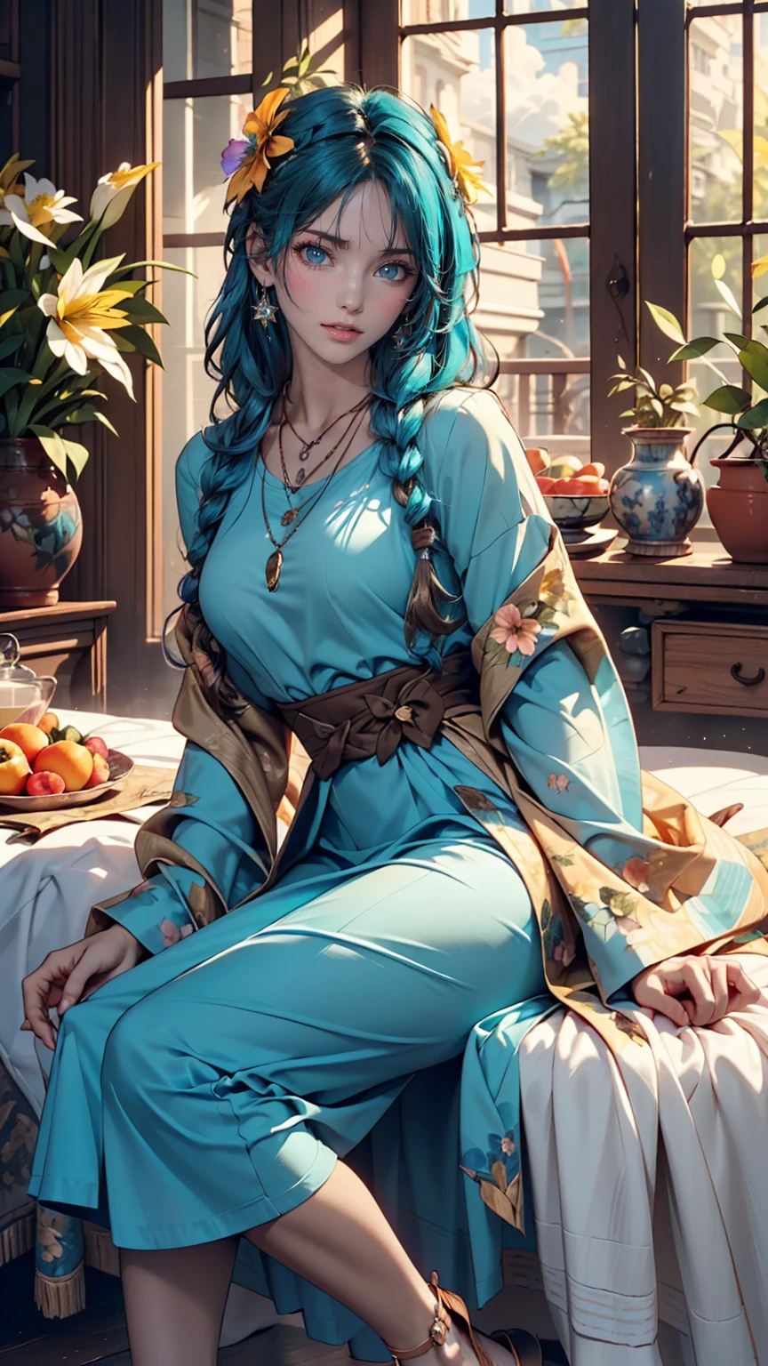 (Highest quality, masterpiece), Turquoise Screen Filter, (One girl, alone, Brown robes, expression, look up, Sitting, Wide sleeves, Iris, Mouth closed, Long Hair, Cowboy Shot), (sunny, Cosmos field, cloud), 24-year-old female、Sexy proportions、Sexy、Narrow waist、Wear jewellery on your wrist、Attach a necklace、Wear platform sandals、French style braid((french braid))、Inner Color((colored inner hair))、Rainbow Hair((rainbow hair))、Hair Flower((hair flower))