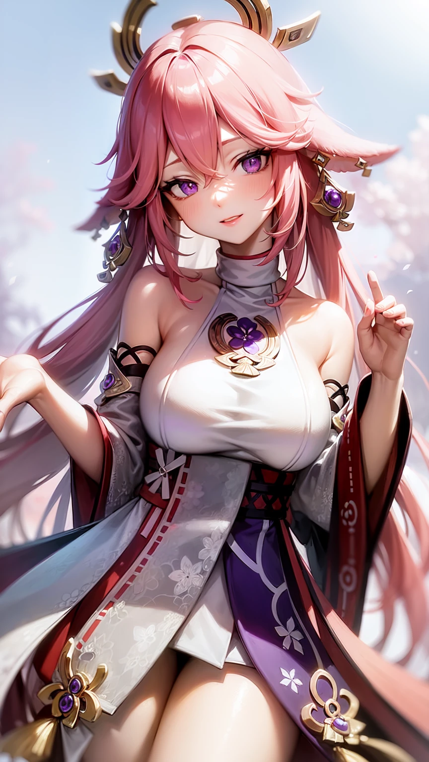 Yae Miko(purple eyes)(Wedding Dress)(beautifuls piernas)(beautiful)(from below)