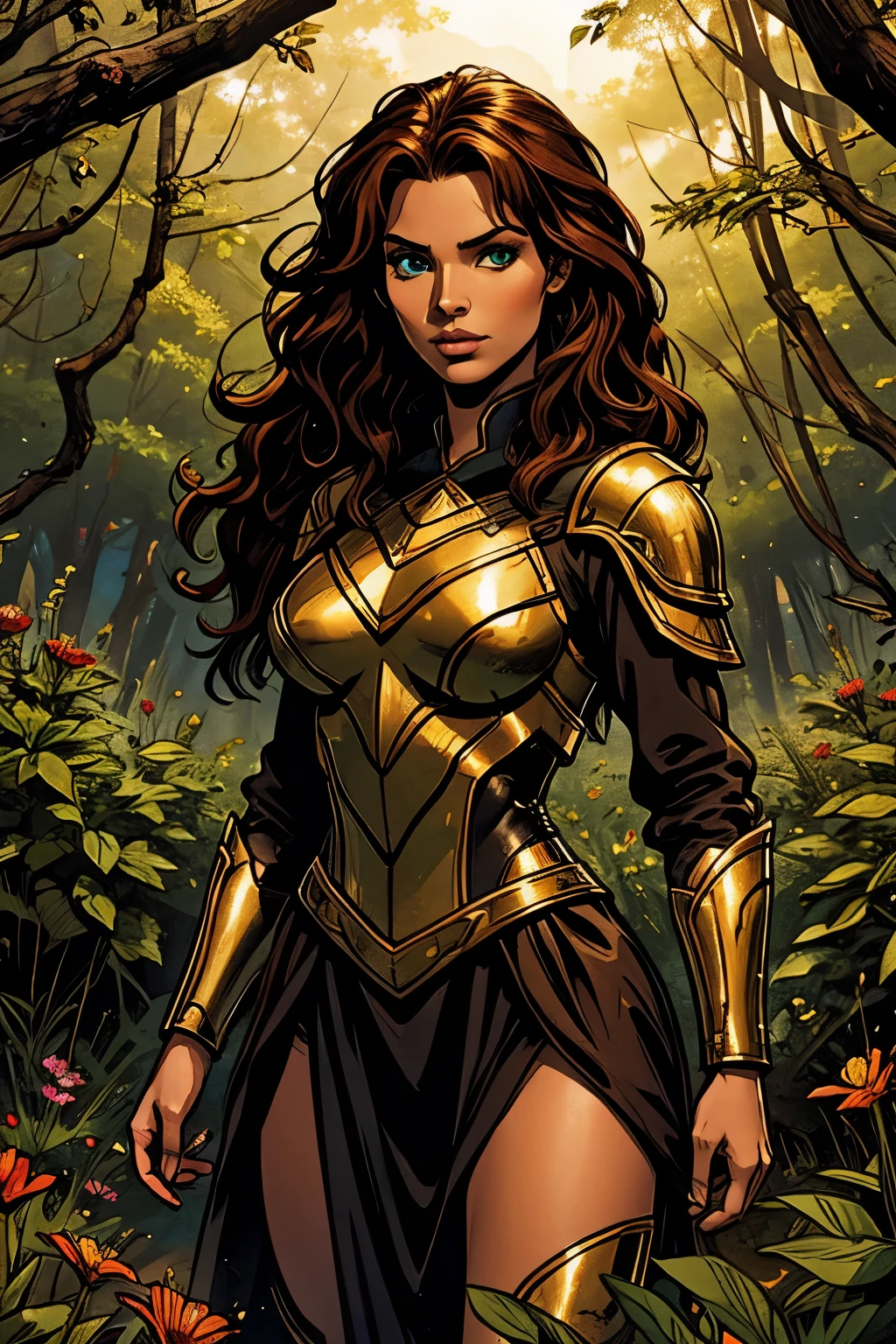 darkskin, detailed beautiful young woman, reddish golden brown hair, far away, wavy and messy hair, perfect detailed green eyes, 精致的面容, Symmetrical, realistic and beautiful, (magical forest background),  armored leather ranger outfit, faerie, wildflowers blending into the hair, whole body, work of art, absurderes,finely detail, rich colors, dramatic lighting, extremely detaild, cinematic lighting