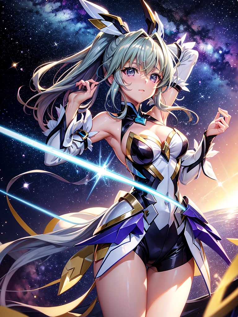 Highest quality,Highest Resolution,A beautiful metallic girl like Tsubasa Kazanari from Symphogear,Earth Behind,universe,Milky Way,High leg,