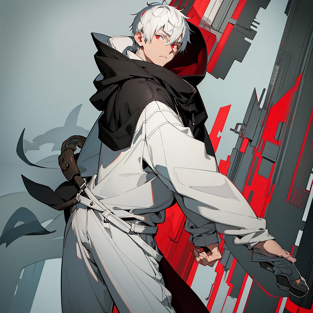 A young man with short white hair, red eyes, masculine face. Wearing a black hoodie with gray details. He is standing, looking to the side. On a center of a city. Dungeons and Dragons art direction, studio ghibli Style