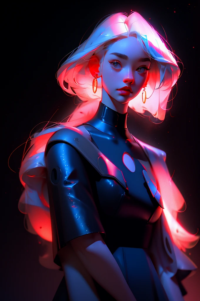 hyper-realistic illustration of the highest quality, The perfect masterpiece, perfect work of art, 8k, (Upper body portrait: 1.5), (((Viewed from the front: 1.2))), close-up lens, delicate face , white-haired woman, (hakuhatsu: 1.3), long hair, raising arms, (black background: 1.3), dancer pose, bare chest dress, red dress with gold, pearl illusion, cyberpunk, fashion trend, 3s material,high definition,detailed rendering,c4d,3d,octane rendering,ray tracing,complex details,neon lights,animated lighting,OCRenderer,8k
