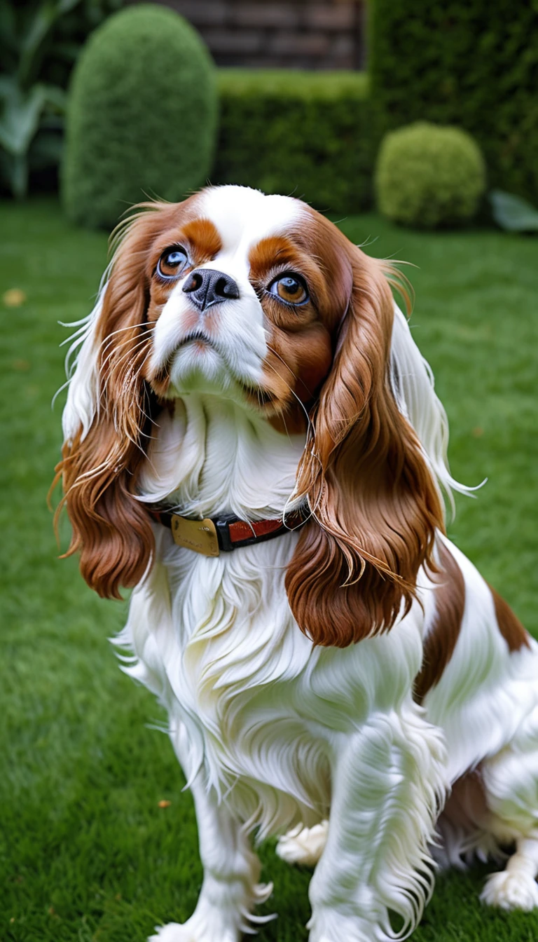 There is no one, realistic photo, photo realism, realism, king charles spaniel (Cavalier King Charles Spaniel), perfect composition, intricate details, Very sharp, masterpiece, profile, high resolution, looking at the viewer, Full body photo in garden background