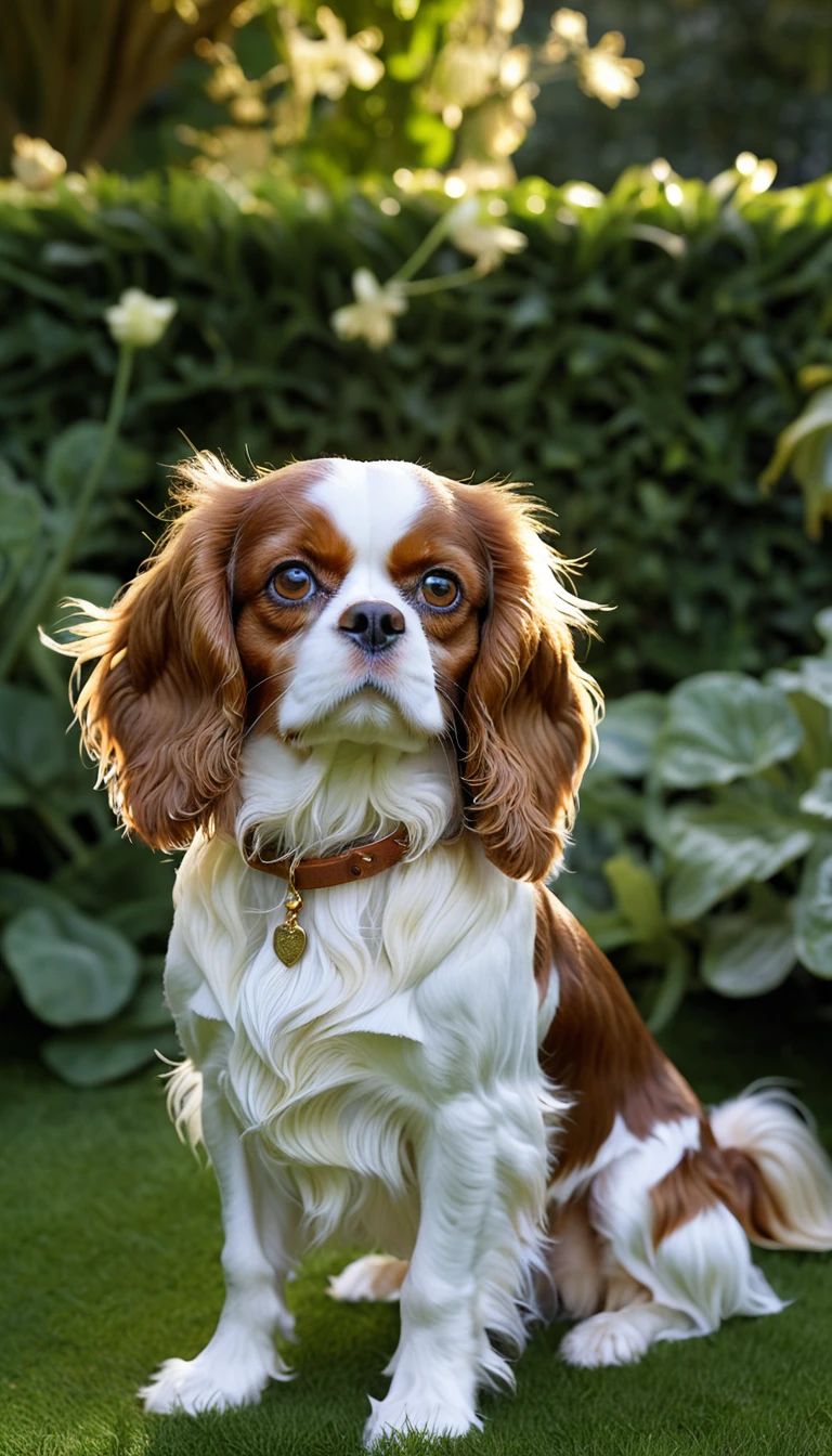 There is no one, realistic photo, photo realism, realism, king charles spaniel (Cavalier King Charles Spaniel), perfect composition, intricate details, Very sharp, masterpiece, profile, high resolution, looking at the viewer, Full body photo in garden background