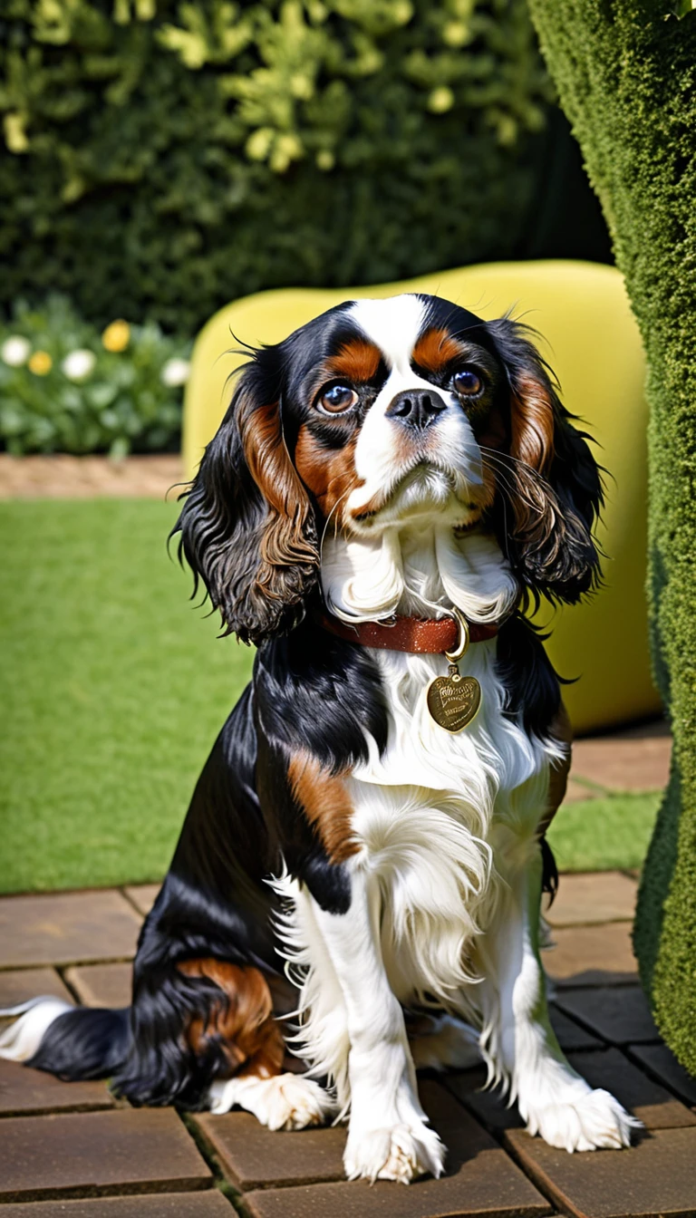 There is no one, realistic photo, photo realism, realism, Beagle (Beagle), perfect composition, intricate details, Very sharp, masterpiece, profile, high resolution, looking at the viewer, Full body photo in garden background