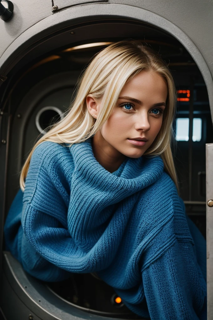 Beautiful blonde girl in blue cargo pants and blue sweater looking through a periscope inside a submarine 