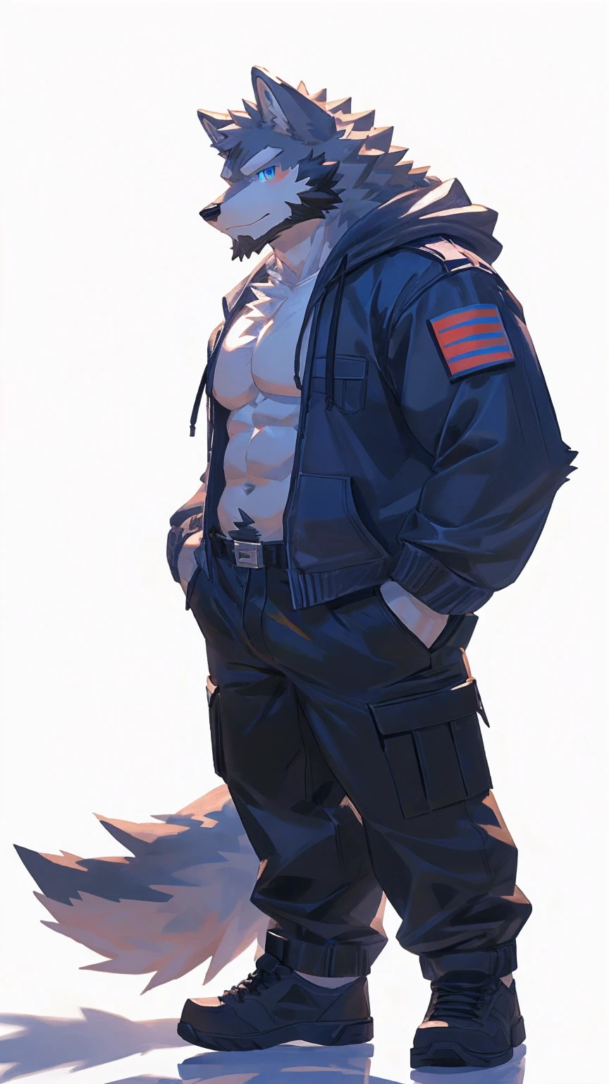 (masterpiece:1.2), best quality,pixiv,official art,perfect anatomy, (Ray tracing, light),solo, (1_male:1.3) , (muscle), (grey fur:1.4), (muscle wolf), (beard:1.2), (gleaming blue eyes), wolf tail, full body, Thick black eyebrows,(open hoodie), (naked inside), (white cargo pants:1.2), white shoes, (pure white background: 1.3), 30-40years old