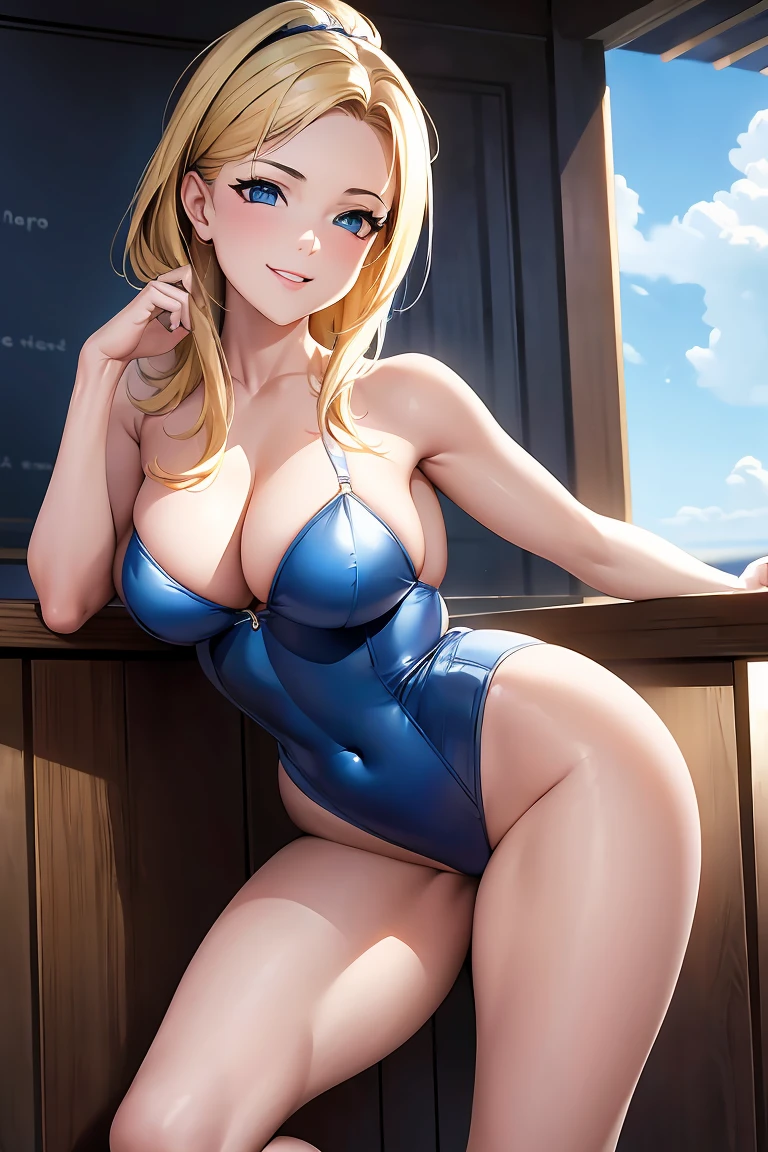 (8k, Masterpiece), ultra high resolution, (realist, photo-realist), Melissa Joan Hart, police costume, leotard blue, bare legs, in the theme park, giving a cute and sexy smile, delicate face, detailed skin, realist skin details, visible pores,
