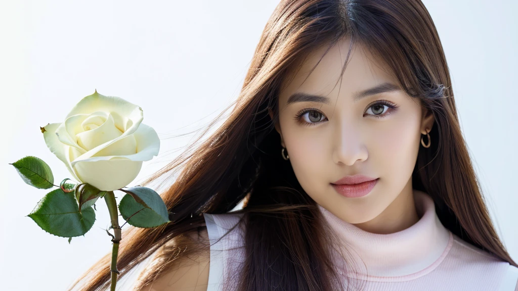 (((a rose))),(detailed face),VIVID,pretty,sleeveless and turtle neck white silky clothes,4k ,super high resolution ,(photo-realistic: 1.7), white background,long hair,