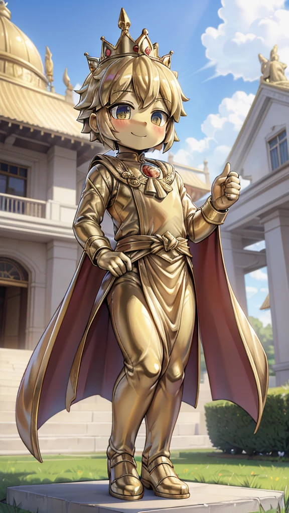 王子的Gold statue，Prince style，Prince costume，宫廷Dress，Gold statue，男孩的Gold statue，带着黄金冠冕的Gold statue，脚边停着一只燕子的Gold statue，Golden Boy Statue，Gold statue，Dress，Dress，西式宫廷男士Dress，Cute boy，British style，Victorian style，crown，crown，Golden Boy Sculpture，Golden Boy Statue，Gold statue，佩剑的Gold statue，腰带上挂着配剑的Gold statue，Cute boy，shota，Cute boy，Cute boy，Moe，Giant golden statue，Giant golden statue，Outdoor Background，Smiling statue，