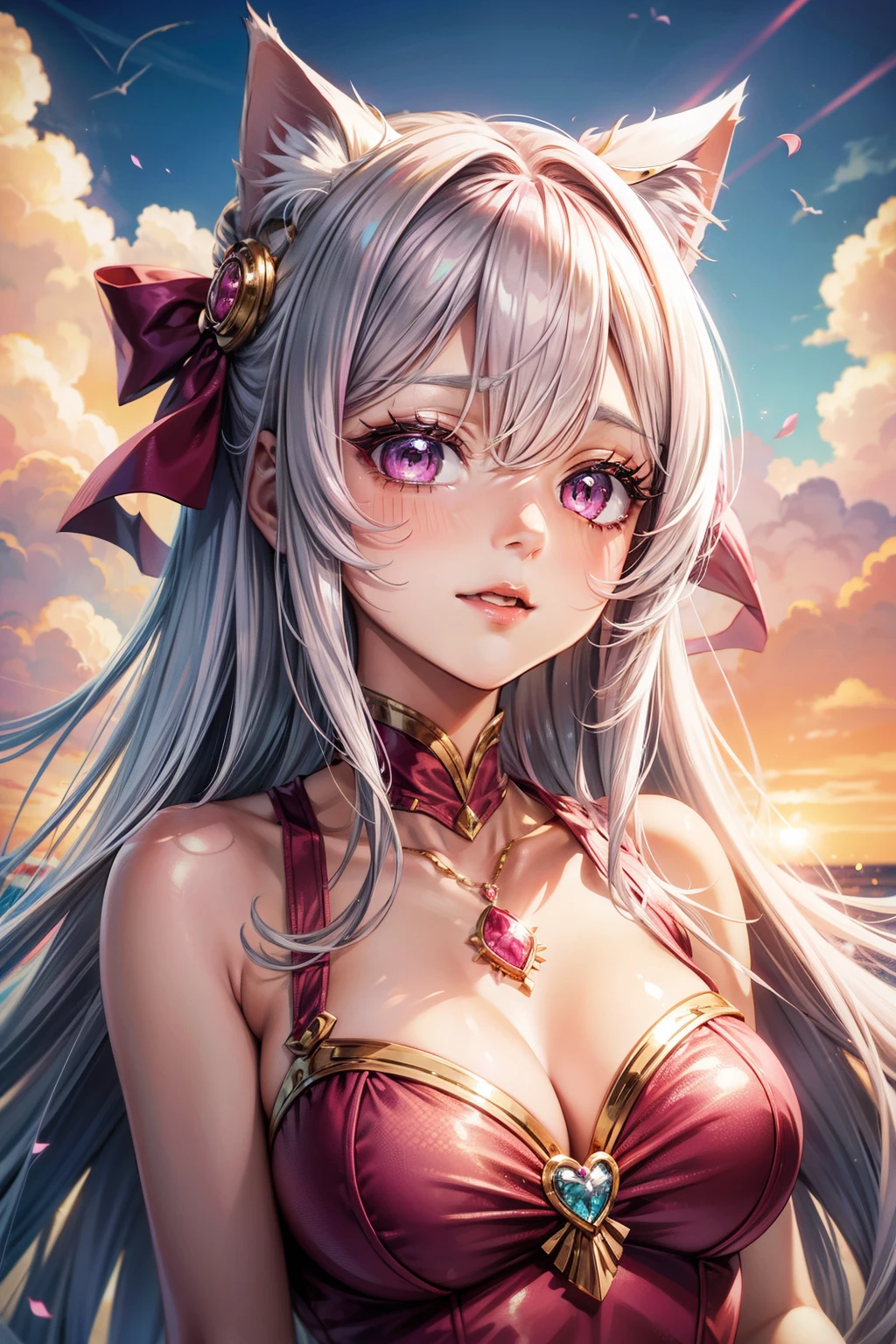 Silver hair, pink eyes, woman, sun and cloud background, pink red gold clothes, hair bows, happy face, mermaid outfit, sexy, cat ears, medium breast