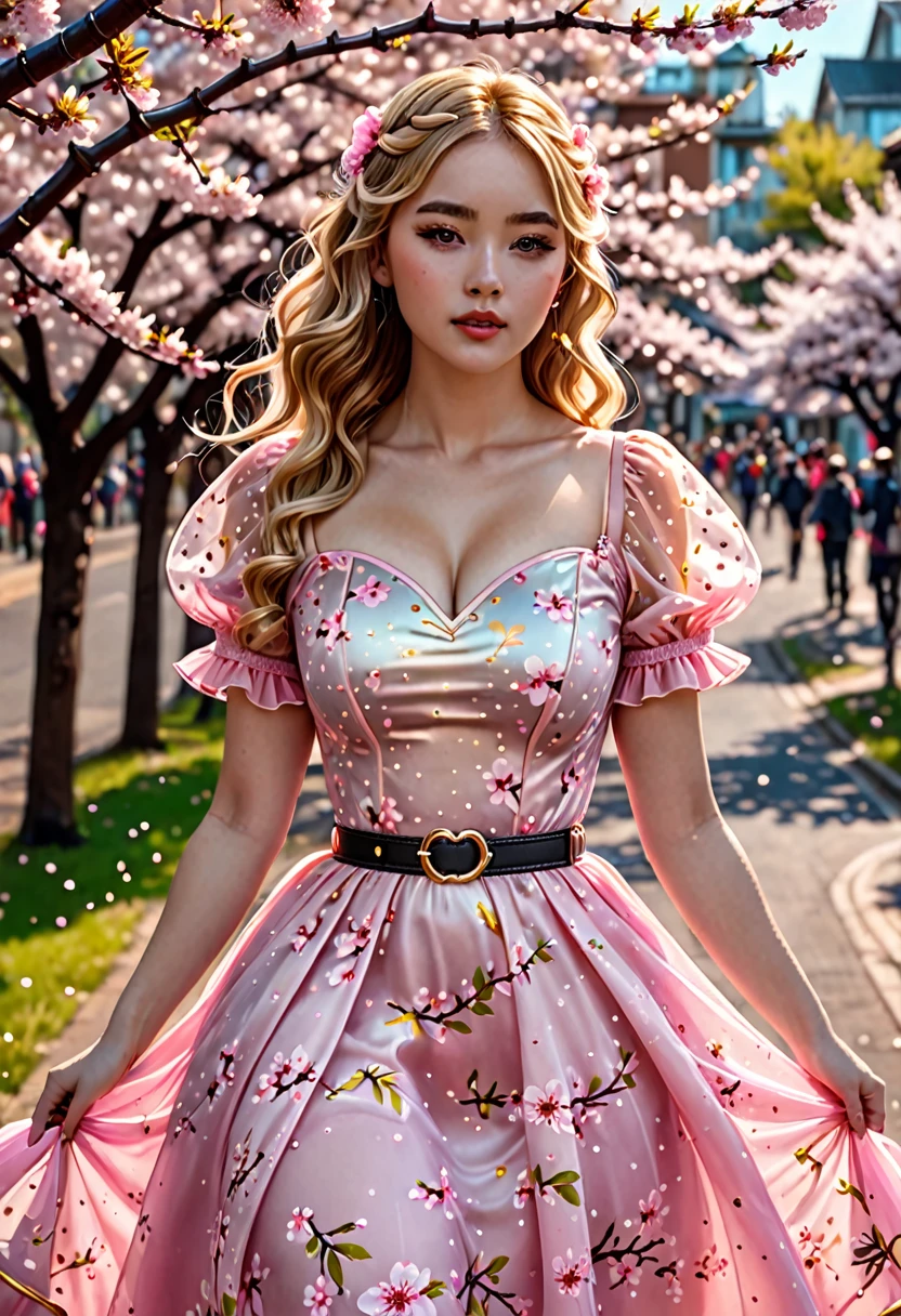 A beautiful curvy blonde kid wearing a sweet Pink Party Contrast Mesh, Ruffle Hem, All Over cherry blossoms Print, A Line, Short puff Sleeves, Sweetheart neckline, thin gold belt with tiny heart buckle, High Waist,Flounce hem Long gown, very long curling hair, cute, sweet, town picnic, warm party atmosphere, pretty, pretty lighting, 8k, octane render, detailed, detailed background, 35mm, realistic, photorealistic, perfect face, cherry blossoms barrettes in hair, freckles