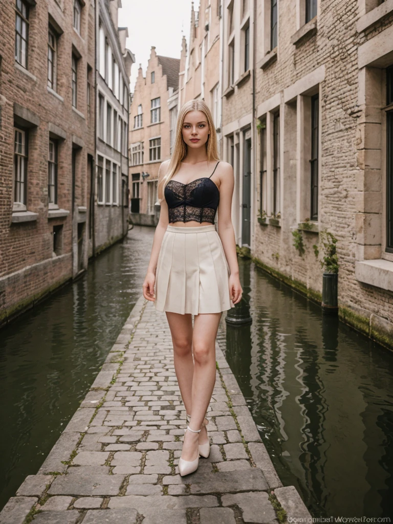 her name is Marie, high quality, 1girl, ((20-year-old fit Caucasian woman)), ((20 years old)), ((fit)), ((pale skin tone)), medium length straight blonde hair , wearing Lace-Up Corset Top + High-Waisted Pleated Skirt, pose: standing, background: Detail the picturesque streets of Bruges, Belgium, where cobblestone lanes, historic buildings, and serene canals create a postcard-perfect scene.