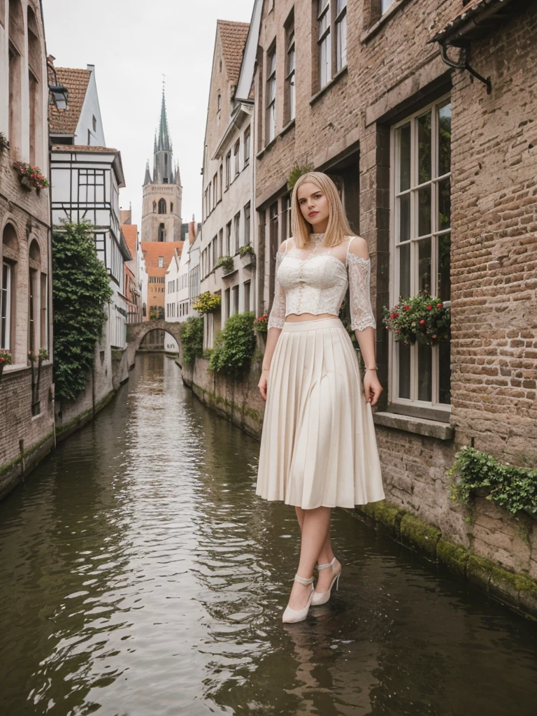 her name is Marie, high quality, 1girl, ((20-year-old fit Caucasian woman)), ((20 years old)), ((fit)), ((pale skin tone)), medium length straight blonde hair , wearing Lace-Up Corset Top + High-Waisted Pleated Skirt, pose: standing, background: Detail the picturesque streets of Bruges, Belgium, where cobblestone lanes, historic buildings, and serene canals create a postcard-perfect scene.