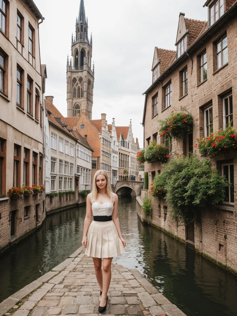 her name is Marie, high quality, 1girl, ((20-year-old fit Caucasian woman)), ((20 years old)), ((fit)), ((pale skin tone)), medium length straight blonde hair , wearing Lace-Up Corset Top + High-Waisted Pleated Skirt, pose: standing, background: Detail the picturesque streets of Bruges, Belgium, where cobblestone lanes, historic buildings, and serene canals create a postcard-perfect scene.