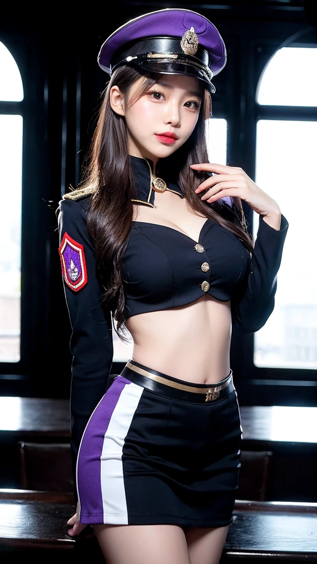 最high quality, masterpiece, 32k、Very detailed、Realistic、1 girl, Japanese women、Purple military uniformのコスチューム、High-grade, futuristic, sexy costume, Purple military uniform、US Army military uniform hat、Attractive K-pop idol-like outfits、Purple military uniform、class seal、Wearing a purple military uniform hat(military officer uniform hat), Cute face, (photo Actual:1.3),Edge lighting, (Skin with attention to detail:1.2), 8K超High resolution, Single-lens reflex camera, high quality, High resolution, 4K, 8K, Optimal ratio of four fingers to one thumb, (Actual:1.3), cute 1 girl, Realistic、Super Realistic、32k、Very detailed、masterpiece, 最high quality, beautiful girl, beauty、Gorgeous girl, Medium chest、Big Ass, Narrow waist, Leg spread, Plenty of facial detail, City of the Future, Super detailed, High resolution, masterpiece, high quality, High resolution, 