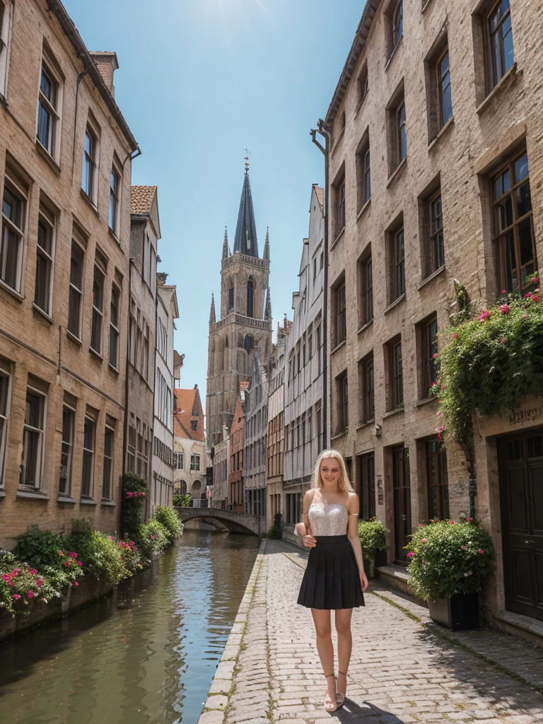 her name is Marie, high quality, 1girl, ((20-year-old fit Caucasian woman)), ((20 years old)), ((fit)), ((pale skin tone)), medium length straight blonde hair , wearing Lace-Up Corset Top + High-Waisted Pleated Skirt, pose: standing, background: Detail the picturesque streets of Bruges, Belgium, where cobblestone lanes, historic buildings, and serene canals create a postcard-perfect scene.