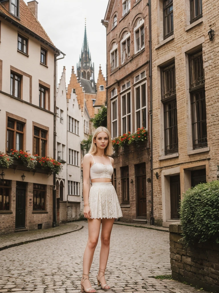 her name is Marie, high quality, 1girl, ((20-year-old fit Caucasian woman)), ((20 years old)), ((fit)), ((pale skin tone)), medium length straight blonde hair , wearing Lace-Up Corset Top + High-Waisted Pleated Skirt, pose: standing, background: Detail the picturesque streets of Bruges, Belgium, where cobblestone lanes, historic buildings, and serene canals create a postcard-perfect scene.