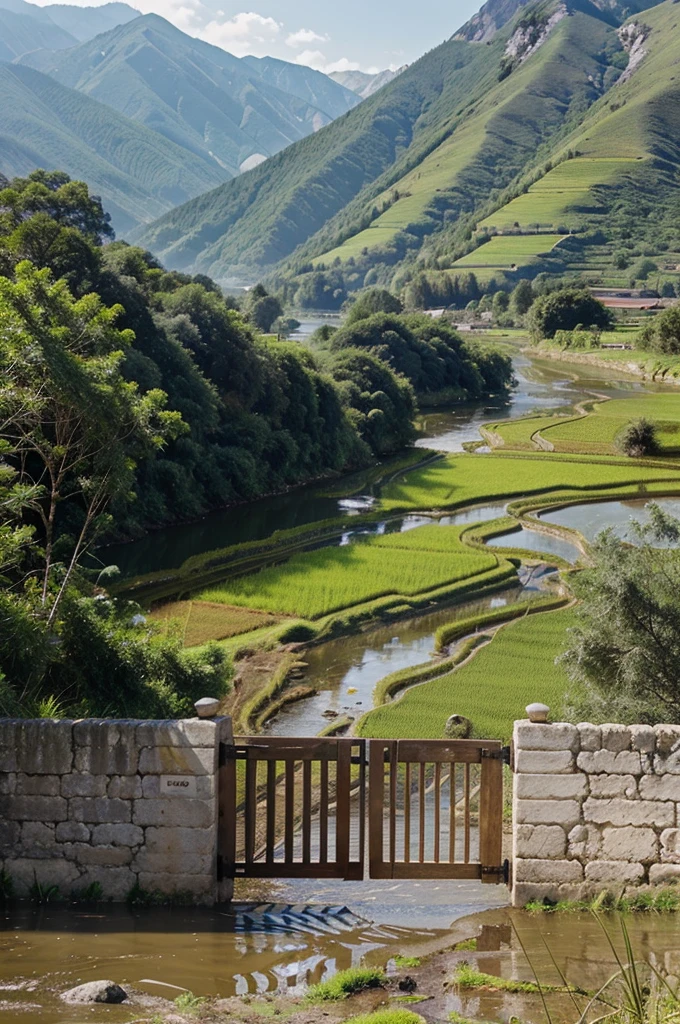 Make a picture of a gate with a mountain, rice field, river as the background