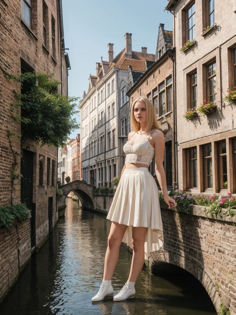 her name is Marie, high quality, 1girl, ((20-year-old fit Caucasian woman)), ((20 years old)), ((fit)), ((pale skin tone)), medium length straight blonde hair , wearing Lace-Up Corset Top + High-Waisted Pleated Skirt, pose: standing, background: Detail the picturesque streets of Bruges, Belgium, where cobblestone lanes, historic buildings, and serene canals create a postcard-perfect scene.