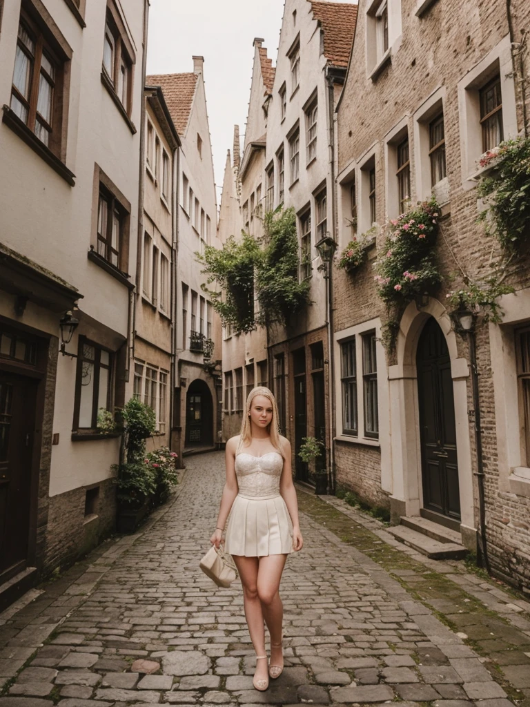 her name is Marie, high quality, 1girl, ((20-year-old fit Caucasian woman)), ((20 years old)), ((fit)), ((pale skin tone)), medium length straight blonde hair , wearing Lace-Up Corset Top + High-Waisted Pleated Skirt, pose: standing, background: Detail the picturesque streets of Bruges, Belgium, where cobblestone lanes, historic buildings, and serene canals create a postcard-perfect scene.